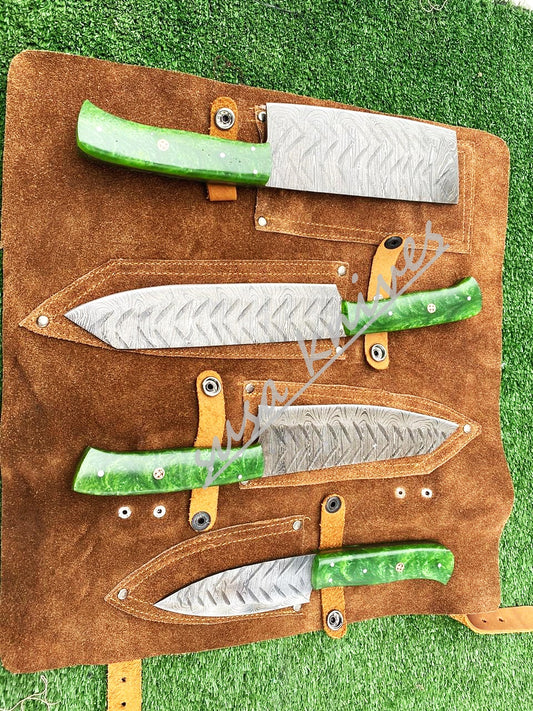 Custom Handmade Damascus Steel Fixed Blade Kitchen Chef Knife Set - SUSA KNIVES