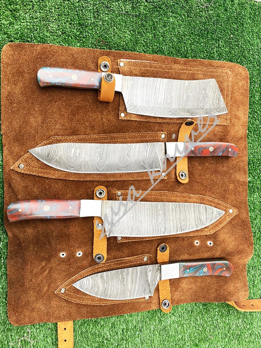Custom Handmade Damascus Steel Fixed Blade Kitchen Chef Knife Set - SUSA KNIVES
