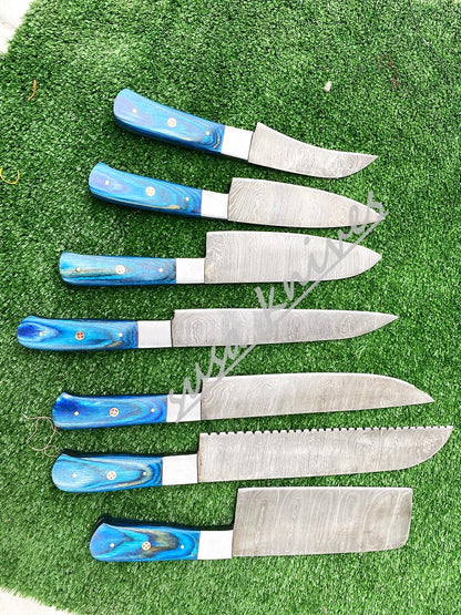Set Of 7 Beautiful Handmade Damascus Steel Chef Knives With Leather Bag - SUSA KNIVES