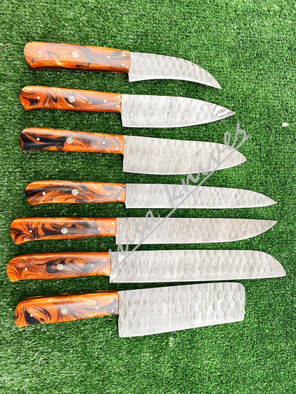 Set Of 7 Beautiful Handmade Damascus Steel Chef Knives With Leather Bag - SUSA KNIVES