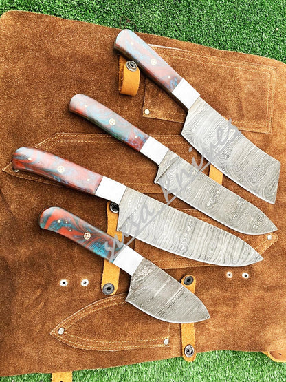 Custom Handmade Damascus Steel Fixed Blade Kitchen Chef Knife Set - SUSA KNIVES