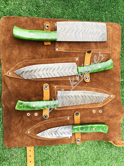 Custom Handmade Damascus Steel Fixed Blade Kitchen Chef Knife Set - SUSA KNIVES
