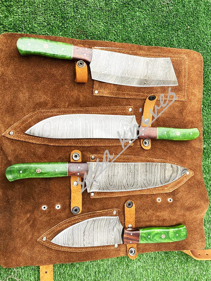 Custom Handmade Damascus Steel Fixed Blade Kitchen Chef Knife Set - SUSA KNIVES