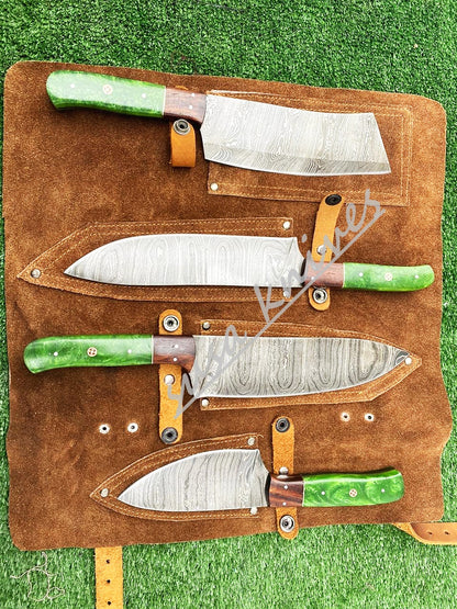 Custom Handmade Damascus Steel Fixed Blade Kitchen Chef Knife Set - SUSA KNIVES