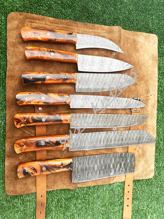 Set Of 7 Beautiful Handmade Damascus Steel Chef Knives With Leather Bag - SUSA KNIVES