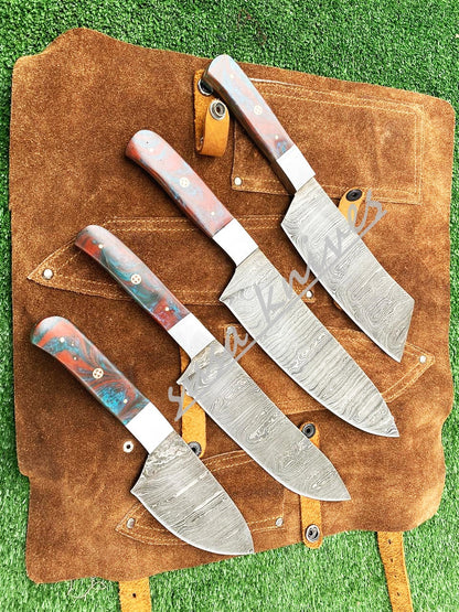 Custom Handmade Damascus Steel Fixed Blade Kitchen Chef Knife Set - SUSA KNIVES