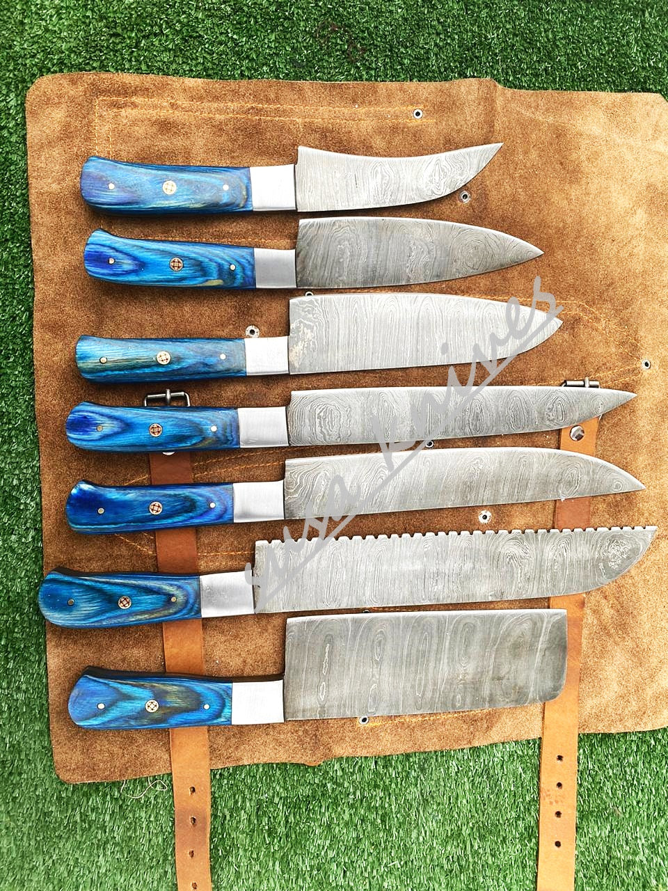 Set Of 7 Beautiful Handmade Damascus Steel Chef Knives With Leather Bag - SUSA KNIVES