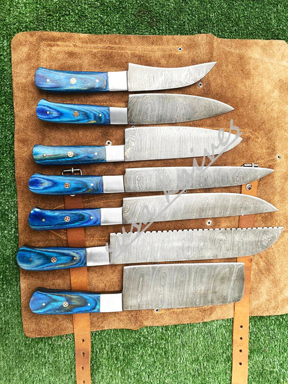 Set Of 7 Beautiful Handmade Damascus Steel Chef Knives With Leather Bag - SUSA KNIVES
