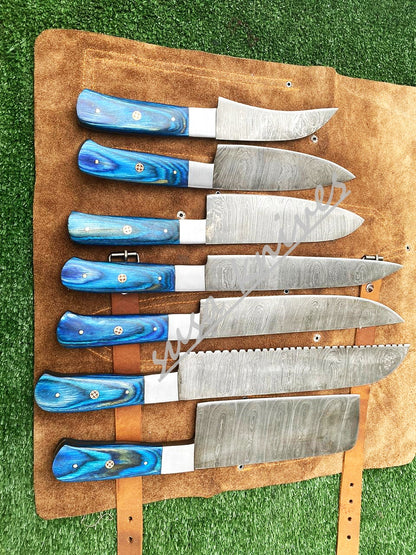 Set Of 7 Beautiful Handmade Damascus Steel Chef Knives With Leather Bag - SUSA KNIVES