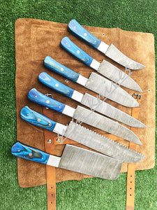 Set Of 7 Beautiful Handmade Damascus Steel Chef Knives With Leather Bag - SUSA KNIVES