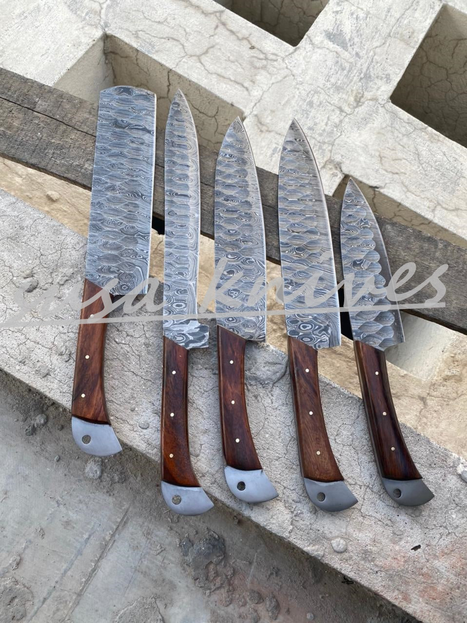 SUSA KNIVES Customized Handmade Damascus Chef Set, 05 Pcs Kitchen Knife Set with Brown Leather Roll, Wedding Gift, Groomsmen Gift for Independance day