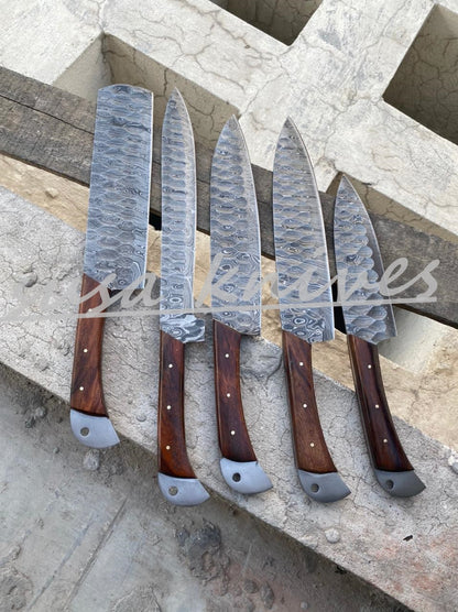 SUSA KNIVES Customized Handmade Damascus Chef Set, 05 Pcs Kitchen Knife Set with Brown Leather Roll, Wedding Gift, Groomsmen Gift for Independance day