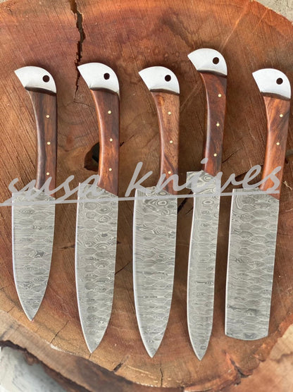 SUSA KNIVES Customized Handmade Damascus Chef Set, 05 Pcs Kitchen Knife Set with Brown Leather Roll, Wedding Gift, Groomsmen Gift for Independance day