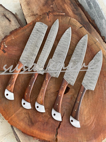 SUSA KNIVES Customized Handmade Damascus Chef Set, 05 Pcs Kitchen Knife Set with Brown Leather Roll, Wedding Gift, Groomsmen Gift for Independance day