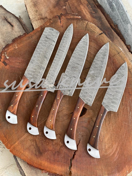 SUSA KNIVES Customized Handmade Damascus Chef Set, 05 Pcs Kitchen Knife Set with Brown Leather Roll, Wedding Gift, Groomsmen Gift for Independance day