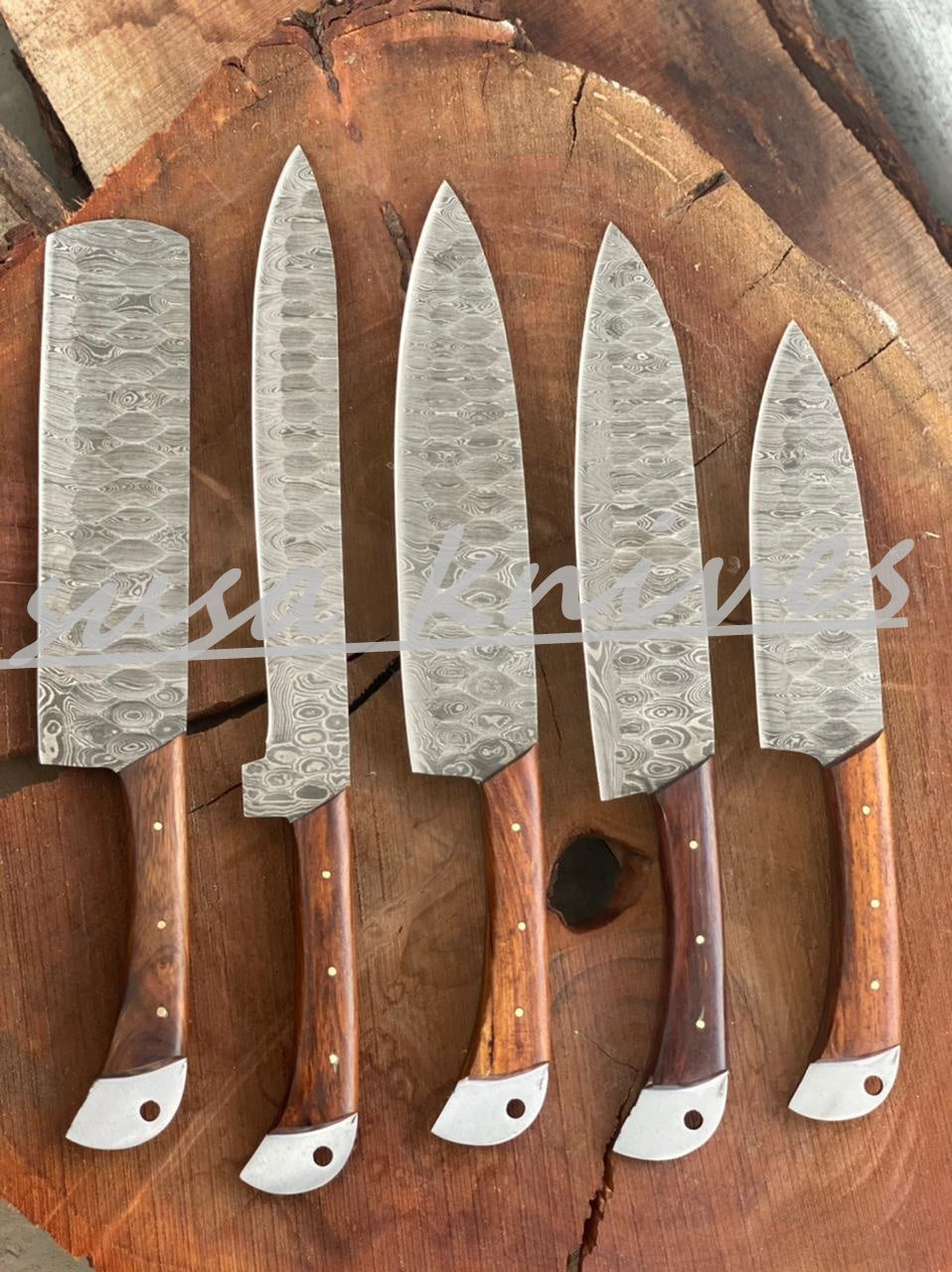 SUSA KNIVES Customized Handmade Damascus Chef Set, 05 Pcs Kitchen Knife Set with Brown Leather Roll, Wedding Gift, Groomsmen Gift for Independance day
