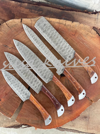 SUSA KNIVES Customized Handmade Damascus Chef Set, 05 Pcs Kitchen Knife Set with Brown Leather Roll, Wedding Gift, Groomsmen Gift for Independance day