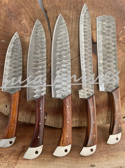 SUSA KNIVES Customized Handmade Damascus Chef Set, 05 Pcs Kitchen Knife Set with Brown Leather Roll, Wedding Gift, Groomsmen Gift for Independance day
