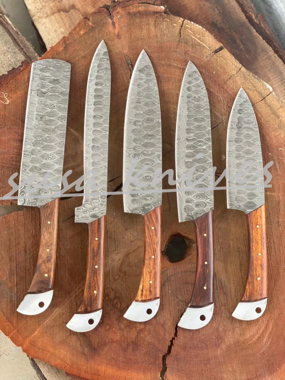 SUSA KNIVES Customized Handmade Damascus Chef Set, 05 Pcs Kitchen Knife Set with Brown Leather Roll, Wedding Gift, Groomsmen Gift for Independance day