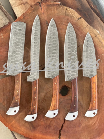 SUSA KNIVES Customized Handmade Damascus Chef Set, 05 Pcs Kitchen Knife Set with Brown Leather Roll, Wedding Gift, Groomsmen Gift for Independance day