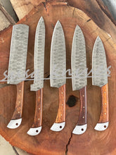 Load image into Gallery viewer, Customized Handmade Damascus Chef Set, 05 Pcs Kitchen Knife Set with Brown Leather Roll, Wedding Gift, Groomsmen Gift for Independance day
