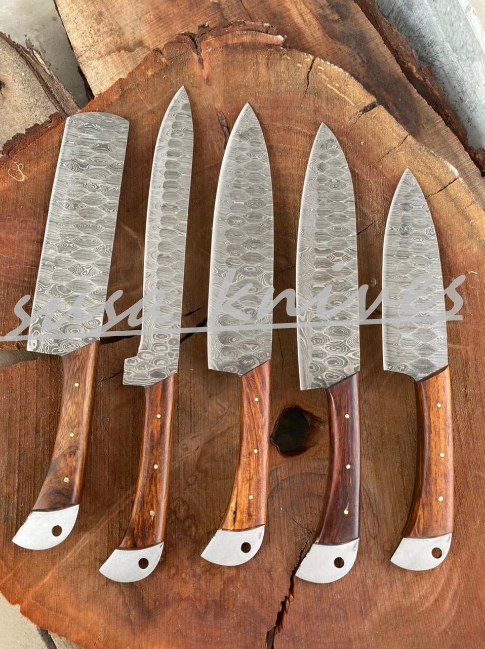 SUSA KNIVES Customized Handmade Damascus Chef Set, 05 Pcs Kitchen Knife Set with Brown Leather Roll, Wedding Gift, Groomsmen Gift for Independance day
