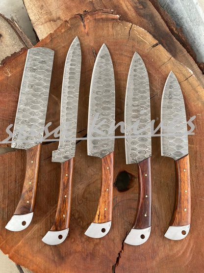 SUSA KNIVES Customized Handmade Damascus Chef Set, 05 Pcs Kitchen Knife Set with Brown Leather Roll, Wedding Gift, Groomsmen Gift for Independance day