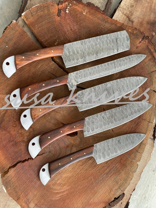 SUSA KNIVES Customized Handmade Damascus Chef Set, 05 Pcs Kitchen Knife Set with Brown Leather Roll, Wedding Gift, Groomsmen Gift for Independance day