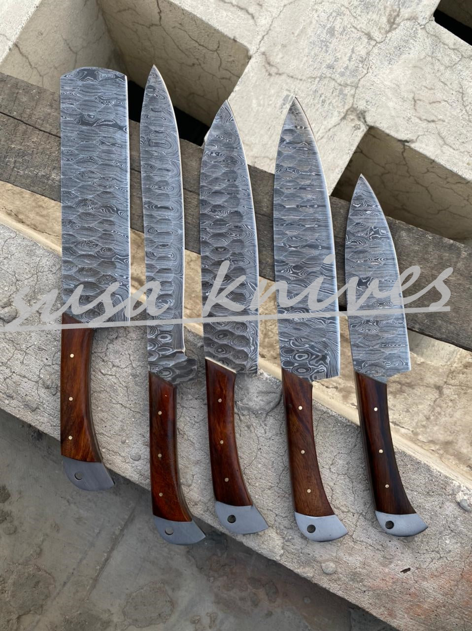 SUSA KNIVES Customized Handmade Damascus Chef Set, 05 Pcs Kitchen Knife Set with Brown Leather Roll, Wedding Gift, Groomsmen Gift for Independance day