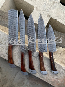 Customized Handmade Damascus Chef Set, 05 Pcs Kitchen Knife Set with Brown Leather Roll, Wedding Gift, Groomsmen Gift for Independance day