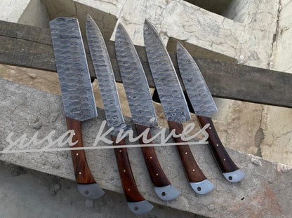 SUSA KNIVES Customized Handmade Damascus Chef Set, 05 Pcs Kitchen Knife Set with Brown Leather Roll, Wedding Gift, Groomsmen Gift for Independance day