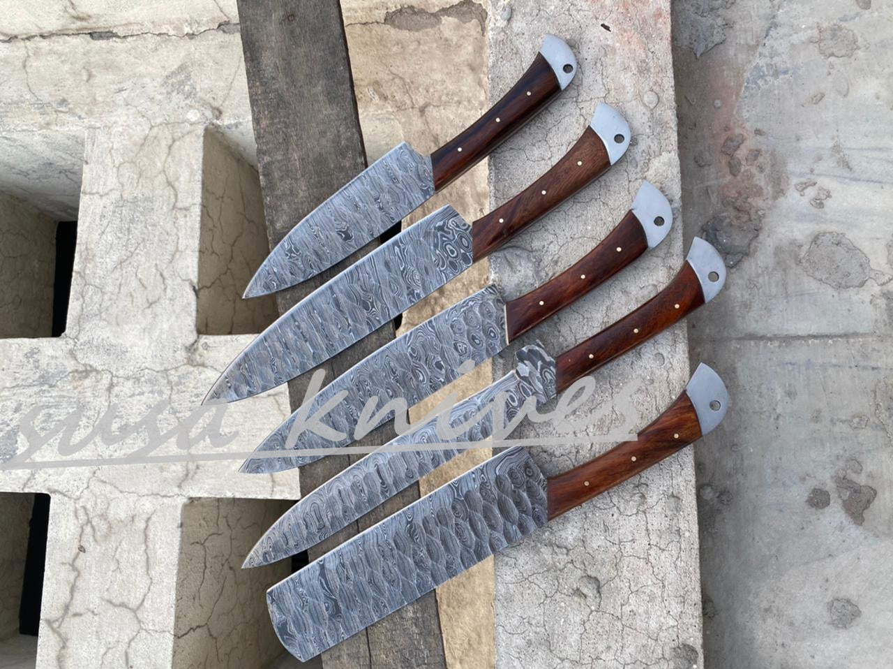 SUSA KNIVES Customized Handmade Damascus Chef Set, 05 Pcs Kitchen Knife Set with Brown Leather Roll, Wedding Gift, Groomsmen Gift for Independance day