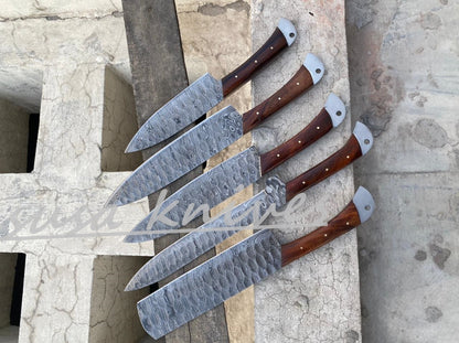 SUSA KNIVES Customized Handmade Damascus Chef Set, 05 Pcs Kitchen Knife Set with Brown Leather Roll, Wedding Gift, Groomsmen Gift for Independance day