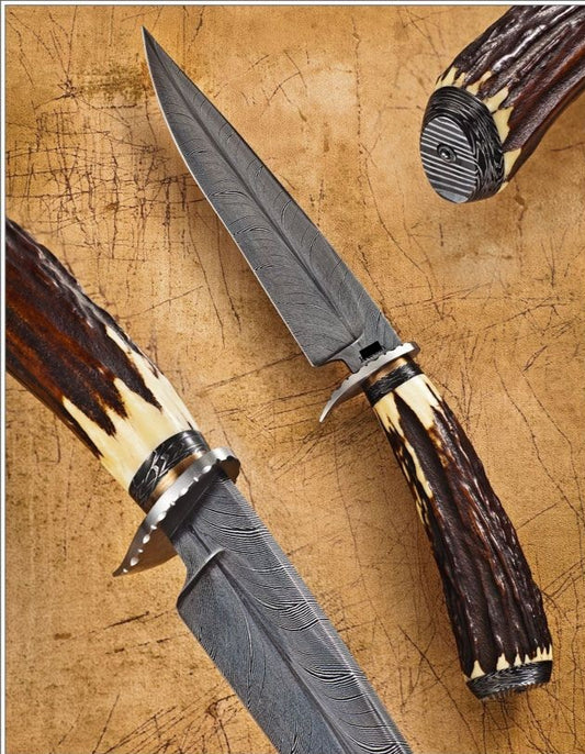 HANDMADE DAMADSUCS STEEL BOWIE KNIFE ANTLER HORN - SUSA KNIVES