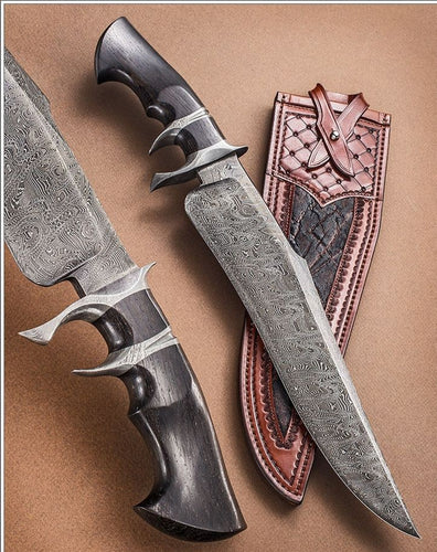 HANDMADE DAMASCUS STEEL BOWIE KNIFE WUTH DOUBLE GUARD HANDLE - SUSA KNIVES