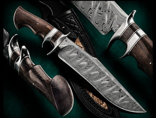 HANDMADE DAMASCUS STEEL BOWIE KNIFE WITH DOUBLE GUARD HANDLE - SUSA KNIVES