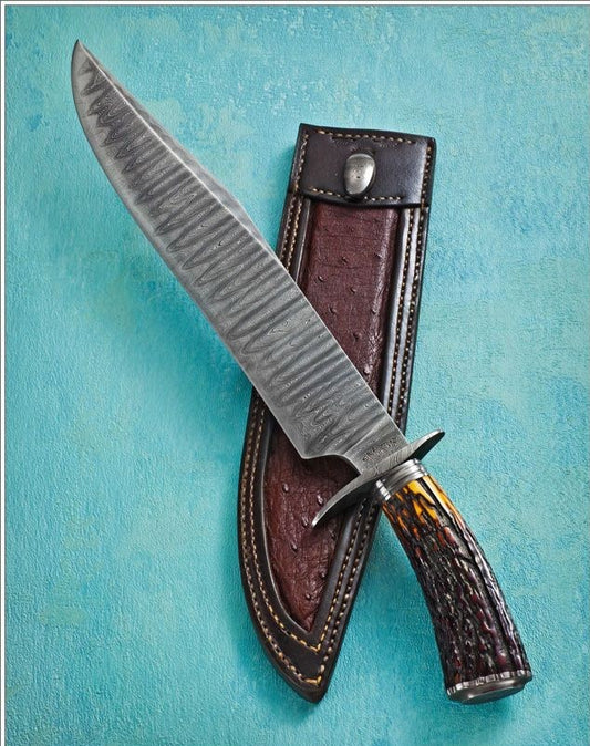 HANDMADE DAMASCUS STEEL BOWIE KNIFE ANTLER HORN - SUSA KNIVES