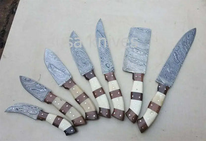 Customized handmade Damascus steel kitchen knife set with twisted blade pattern and wooden handles