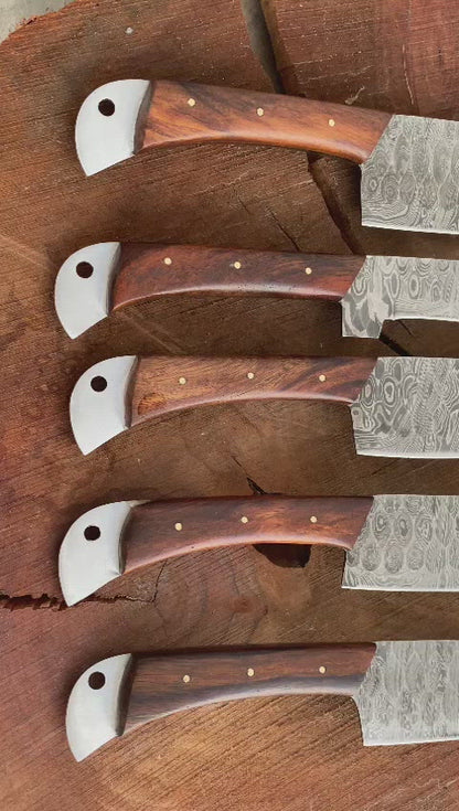 SUSA KNIVES Customized Handmade Damascus Chef Set, 05 Pcs Kitchen Knife Set with Brown Leather Roll, Wedding Gift, Groomsmen Gift for Independance day