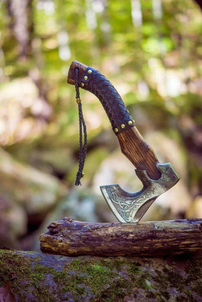 Hand Forged Custom Viking Axe with Leather Wrap on Handle Custom Norse Axe, Gift for father, anniversary gift Battle Axe - SUSA KNIVES