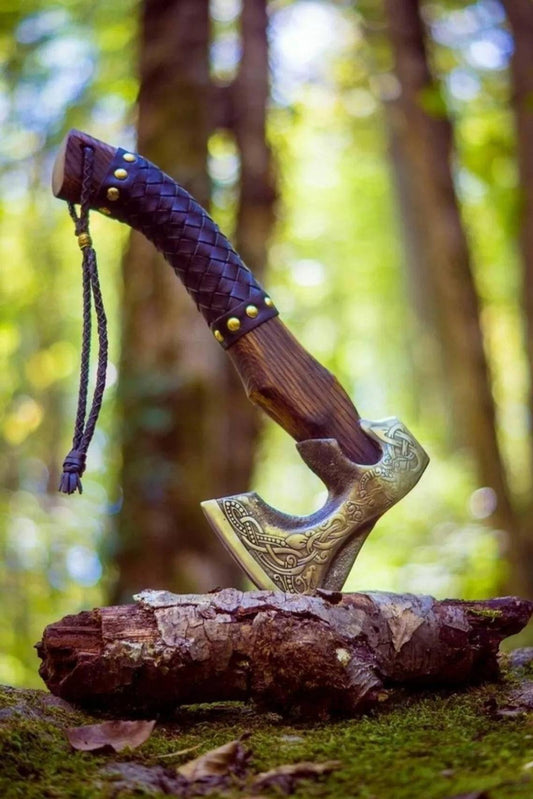 Hand Forged Custom Viking Axe with Leather Wrap on Handle Custom Norse Axe, Gift for father, anniversary gift Battle Axe - SUSA KNIVES