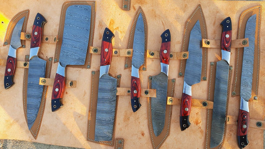 9 PC's Beautiful Handmade Damascus Steel Chef Kitchen Knife Set With Leather Sheath - SUSA KNIVES