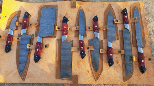 9 PC's Beautiful Handmade Damascus Steel Chef Kitchen Knife Set With Leather Sheath - SUSA KNIVES
