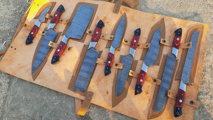 9 PC's Beautiful Handmade Damascus Steel Chef Kitchen Knife Set With Leather Sheath - SUSA KNIVES