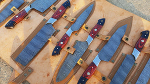 9 PC's Beautiful Handmade Damascus Steel Chef Kitchen Knife Set With Leather Sheath - SUSA KNIVES