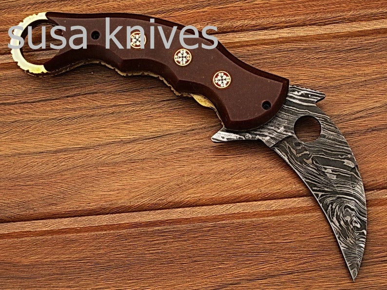 Custom crafted Hand Made Damascus Steel Krambit Folding Knife/pocket knife/valentine gift/gift for him/gift for her - SUSA KNIVES