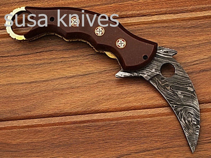 Custom crafted Hand Made Damascus Steel Krambit Folding Knife/pocket knife/valentine gift/gift for him/gift for her - SUSA KNIVES