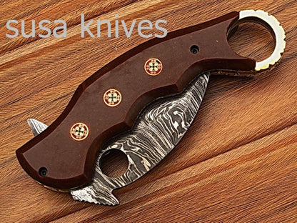 Custom crafted Hand Made Damascus Steel Krambit Folding Knife/pocket knife/valentine gift/gift for him/gift for her - SUSA KNIVES