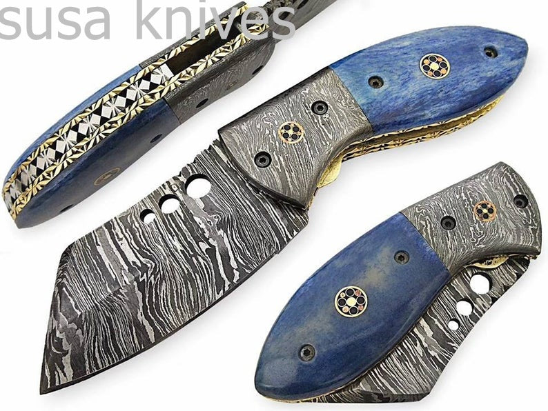 Beautiful Custom Hand Made Damascus Steel Tantoo Folding Knife With Color Bone Handle - SUSA KNIVES