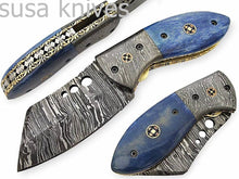 Load image into Gallery viewer, Beautiful Custom Hand Made Damascus Steel Tantoo Folding Knife With Color Bone Handle - SUSA KNIVES
